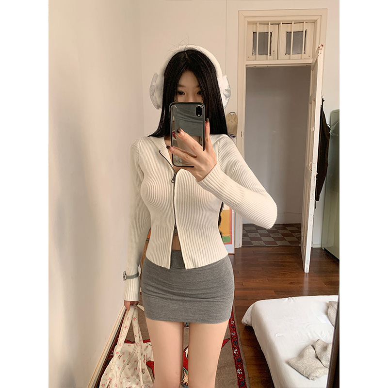 Real photo~Double zipper hooded wool knitted cardigan for women's new Korean short loose jacket top