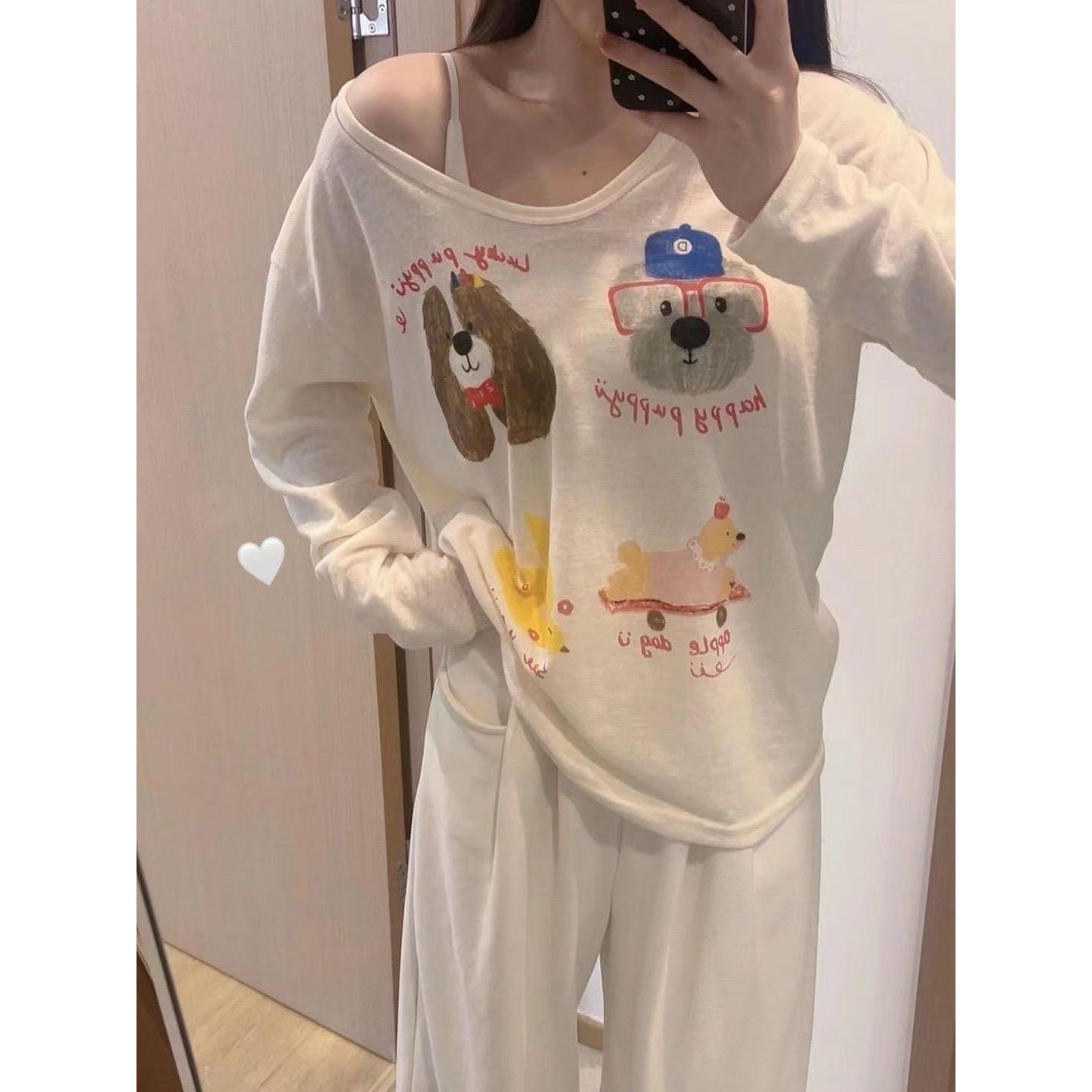 Bamboo thread Korean style cartoon printed V-neck loose slim long-sleeved base shirt for women