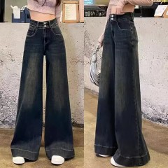 Korean retro high-end jeans for women in spring and autumn new style 2025 high waist loose slim straight-tight floor pants