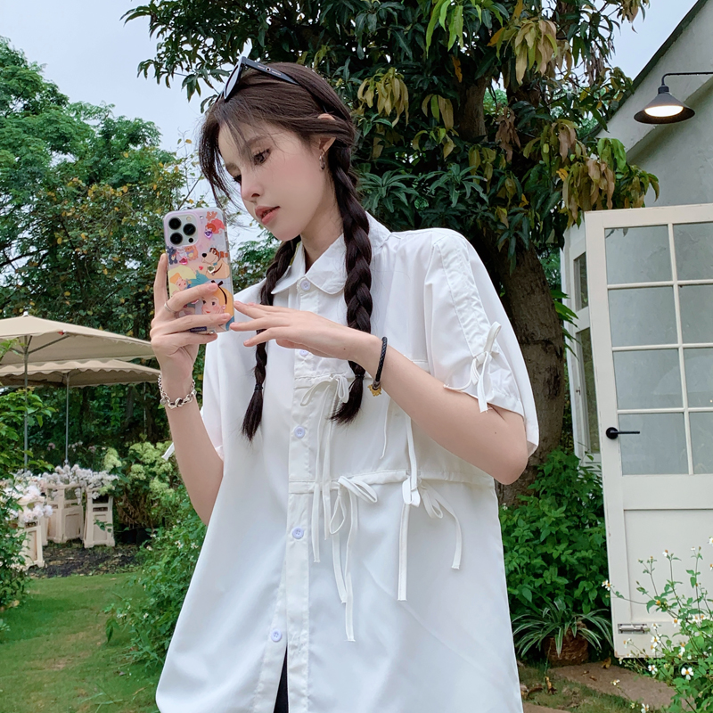 College style white design niche bow shirt for women 2025 summer unique lace-up short-sleeved top