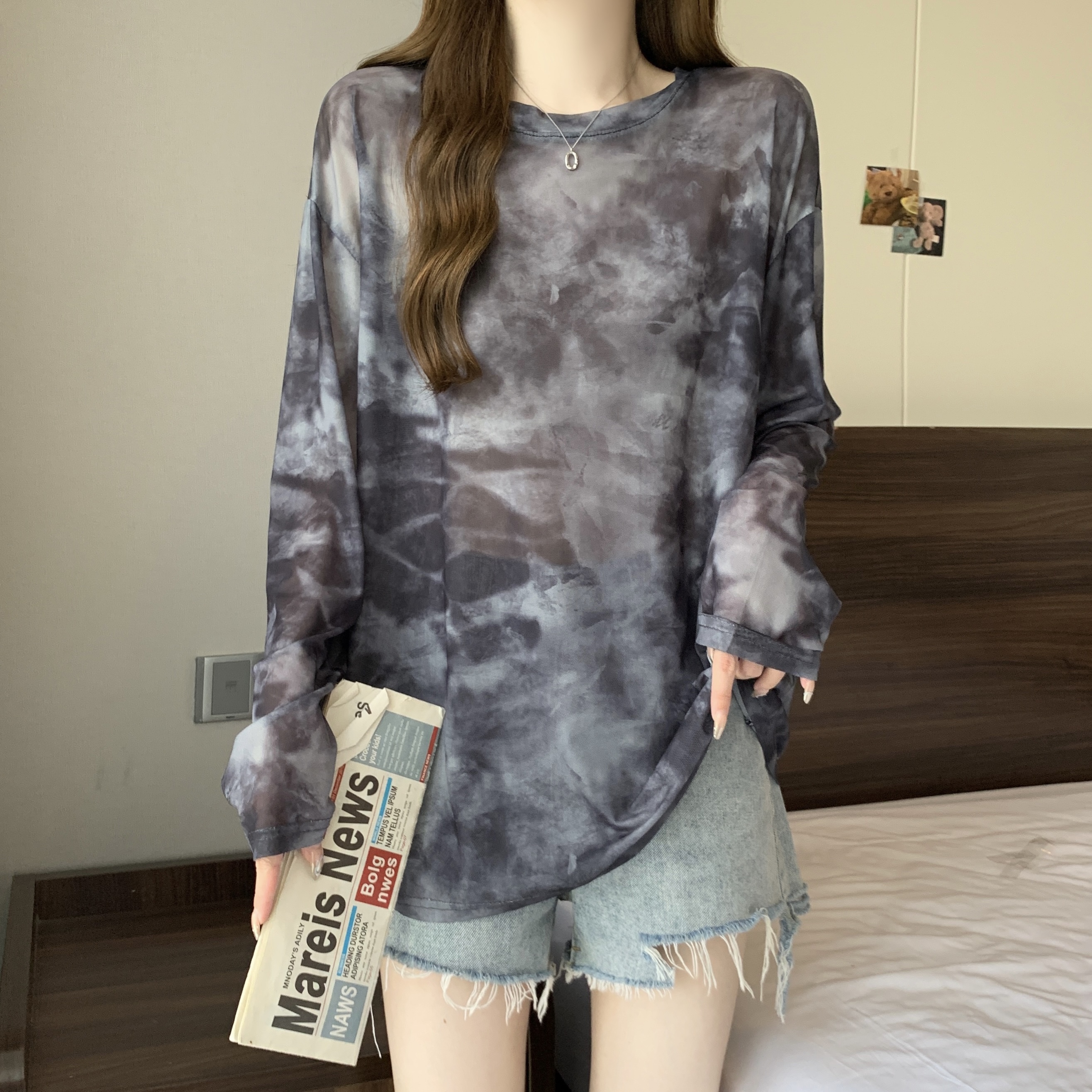 Real shot~ Large size women's loose tie-dye micro-transparent mesh long-sleeved T-shirt fashionable sunscreen shirt thin top for women