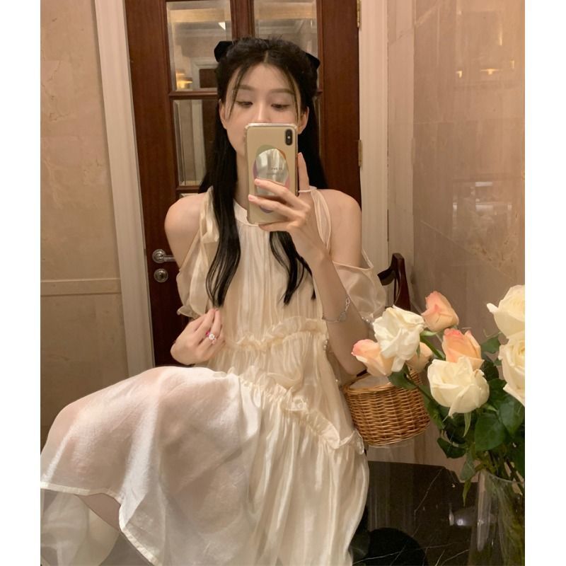 Pure desire style, off-shoulder straps, round neck dress for women 2025 new summer gentle temperament, sweet first love skirt