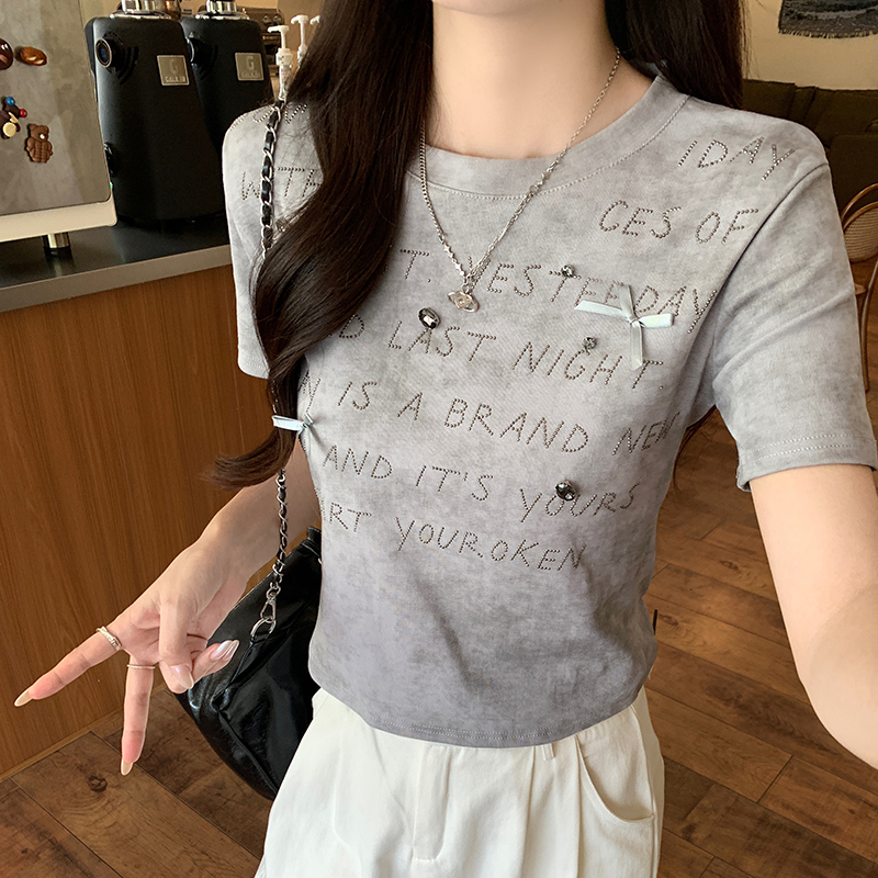 Real shot of 210g thread short-sleeved T-shirt summer 2025 trendy embroidered front shoulder slim short round neck top Korean women's clothing