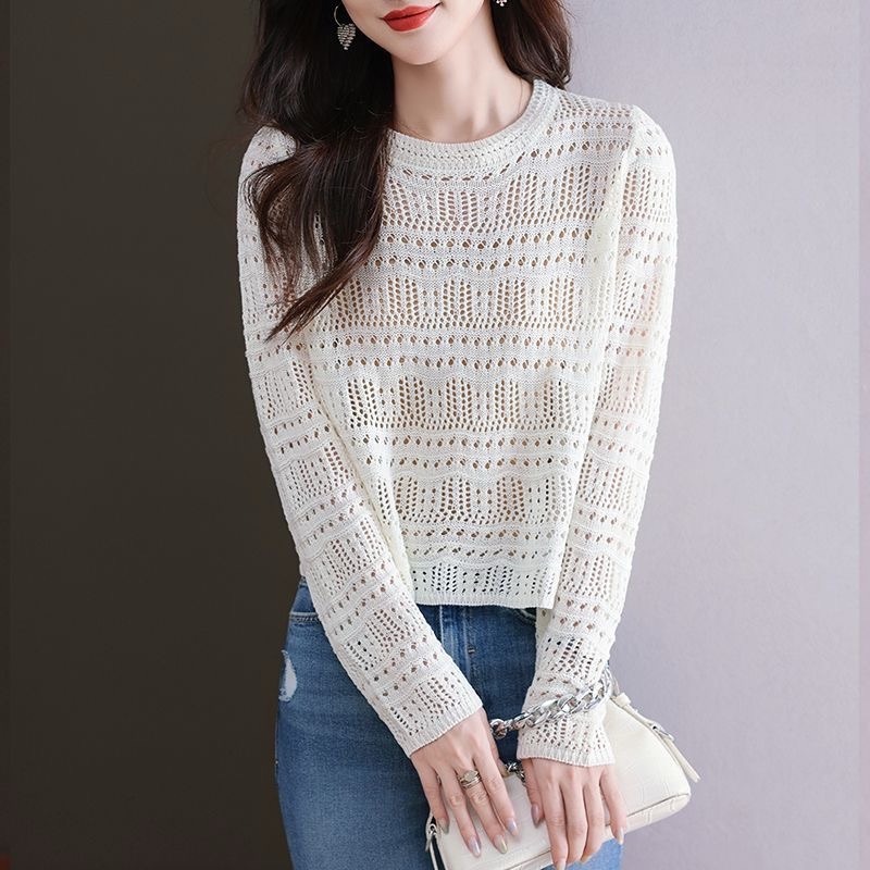 2025 thin new cardigan age-reducing sweater long sleeves high waist short loose knitted hollow shirt women's top