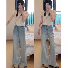 Light blue high-waisted slightly flared jeans for women's thin narrow version straight-leg pants loose drape floor pants KX