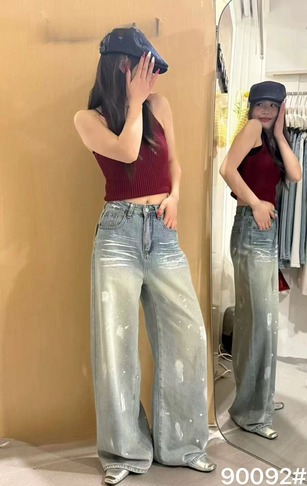 European station high-quality spring new style paint dot design jeans for women with thin versatile slim floor trousers summer