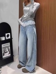 European Station 2025 new designer niche lace spliced ​​high-waist jeans for women