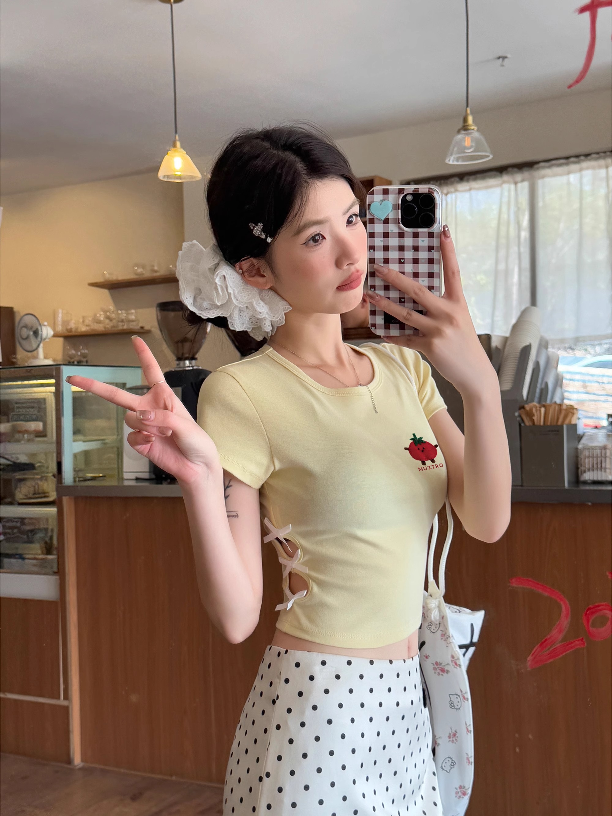 High-quality pure cotton 220g 40 pieces smooth wool 92 cotton 8 spandex printed hollow bow short-sleeved T-shirt for women