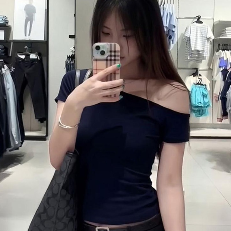 Official picture 210g 40 1*1 pure cotton thread short-sleeved T-shirt for women in summer short tight skin and off-shoulder hot girl