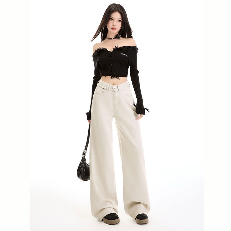 Spring light color Morandi grey lacele high quality fabric high waist versatile slimming wide-leg straight pants