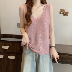 Real shot, large size fat MM slim V-neck versatile and fashionable shiny hot diamond vest knitted sweater