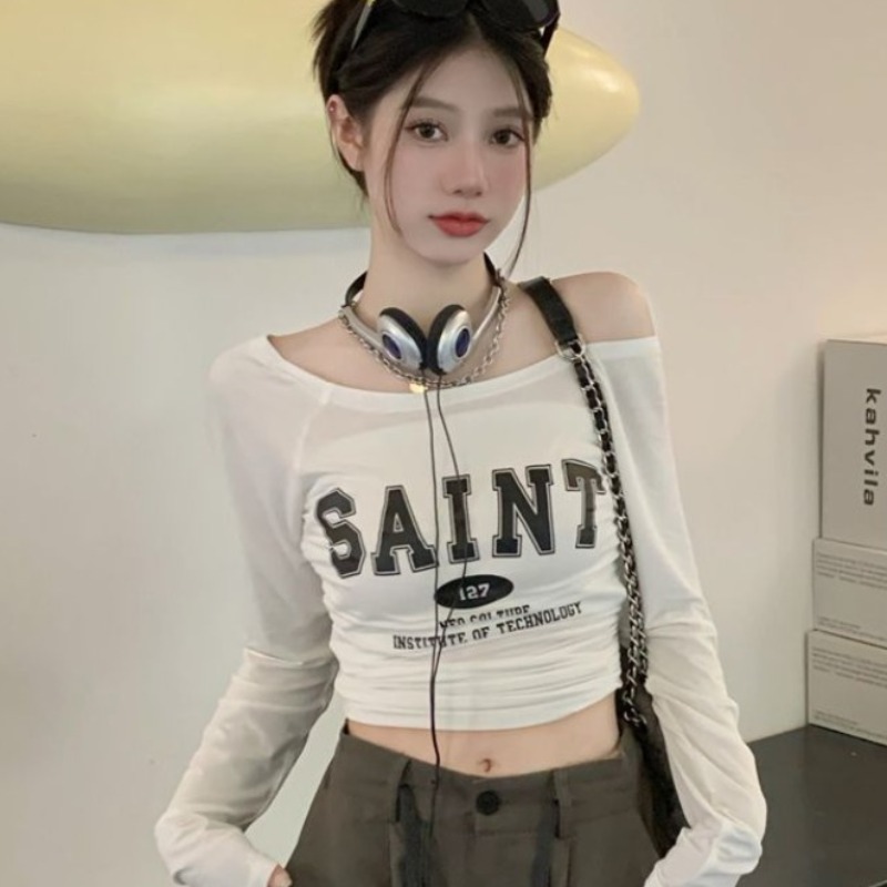 Pure and sexy hot girl sexy short one-shoulder top chic unique tight long-sleeved T-shirt