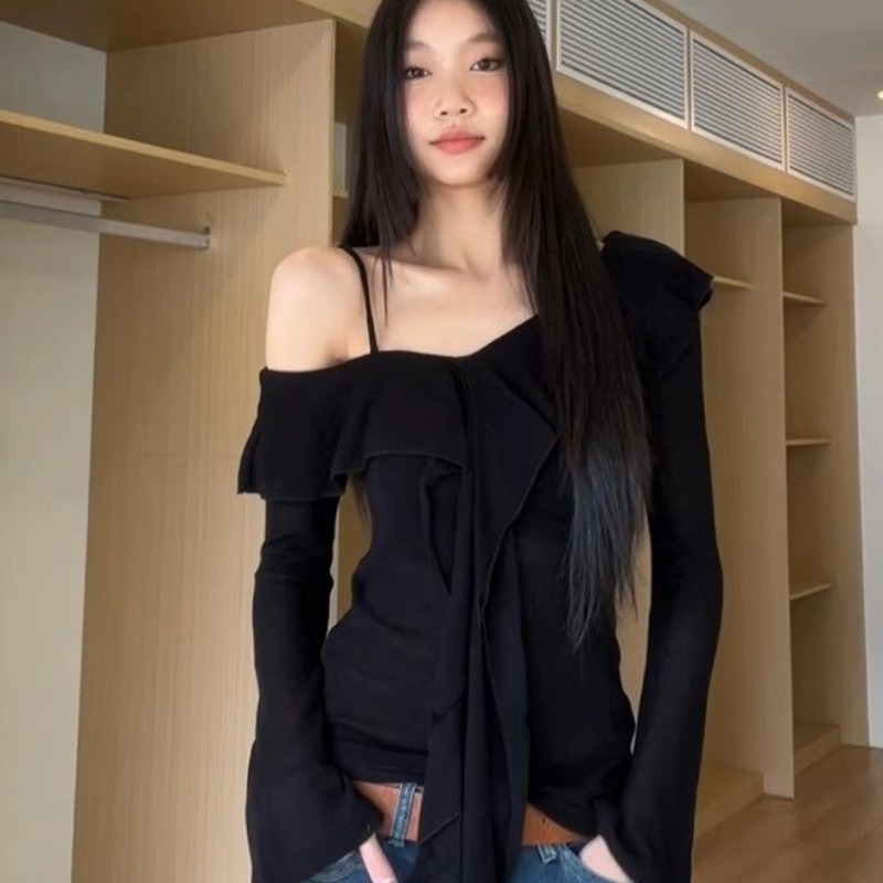 Black ruffled one-shoulder base shirt for women's tea style unique and exposed shoulders