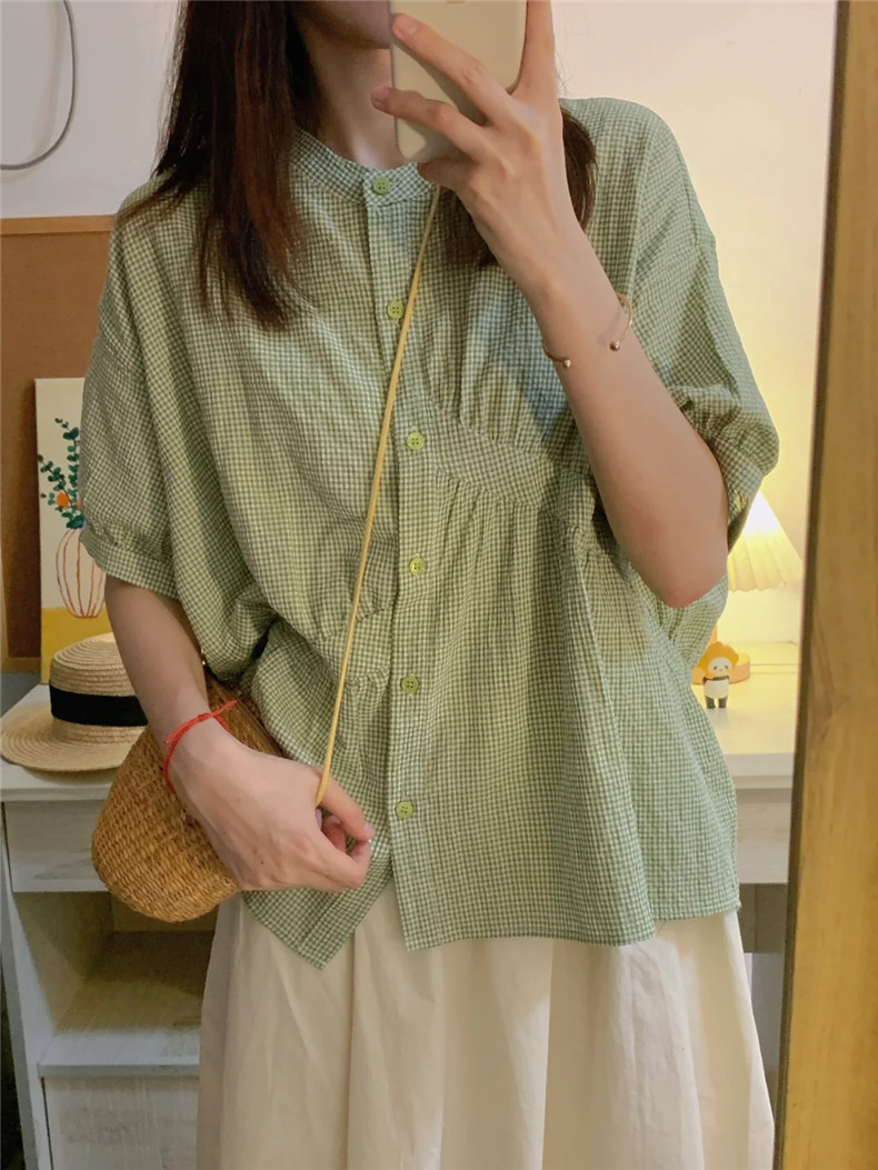 Green plaid short-sleeved shirt for women in summer 2025 new design niche French chic Korean top