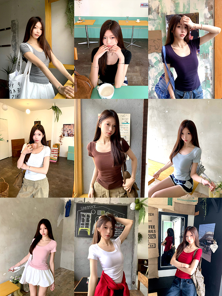 Real shot - Slim U-neck Short-sleeved T-shirt for women with tight 2025 spring and summer meat covering, slim fit and slim top