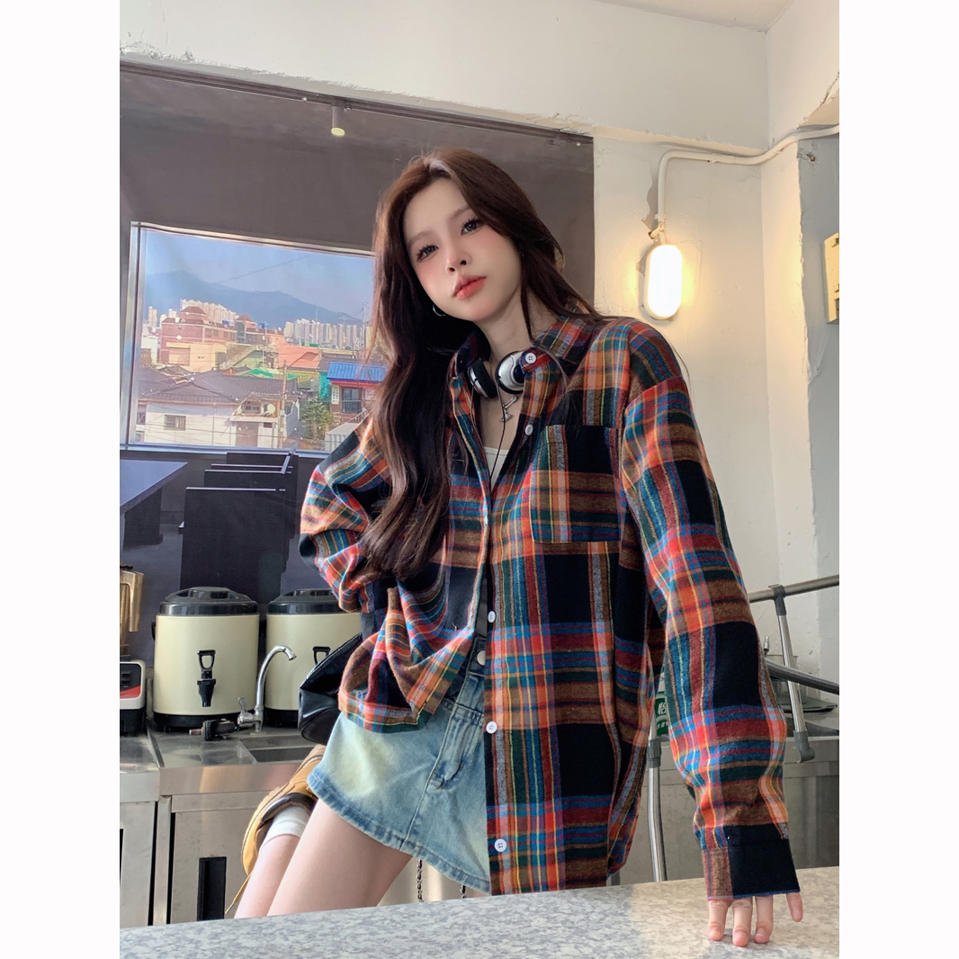 Hong Kong style retro contrasting plaid shirt jacket for women 2025 autumn new loose lazy style long-sleeved top trendy