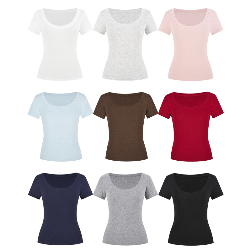 Real shot - Slim U-neck Short-sleeved T-shirt for women with tight 2025 spring and summer meat covering, slim fit and slim top