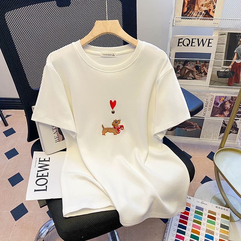 Real shot 220g water soft double-sided short-sleeved T-shirt for women's summer 2025 new embroidered front shoulder round neck top Korean women's clothing