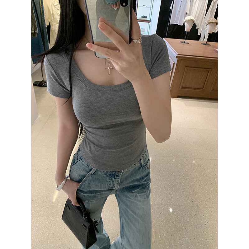 Real shot - Simple solid color basic U-neck tight short-sleeved T-shirt for women's new fashionable inner base top