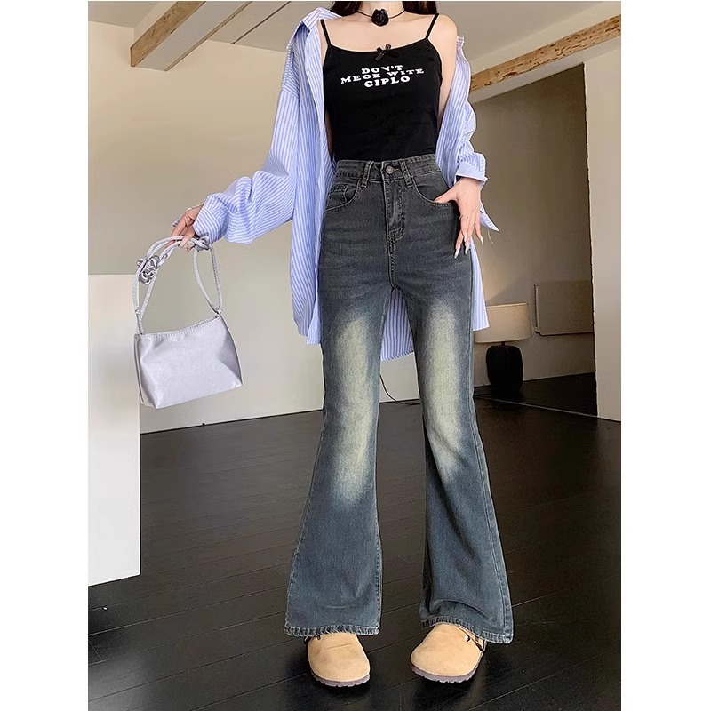 American style jeans for women in spring new high-waisted small slim and slim drooping floor pants KX