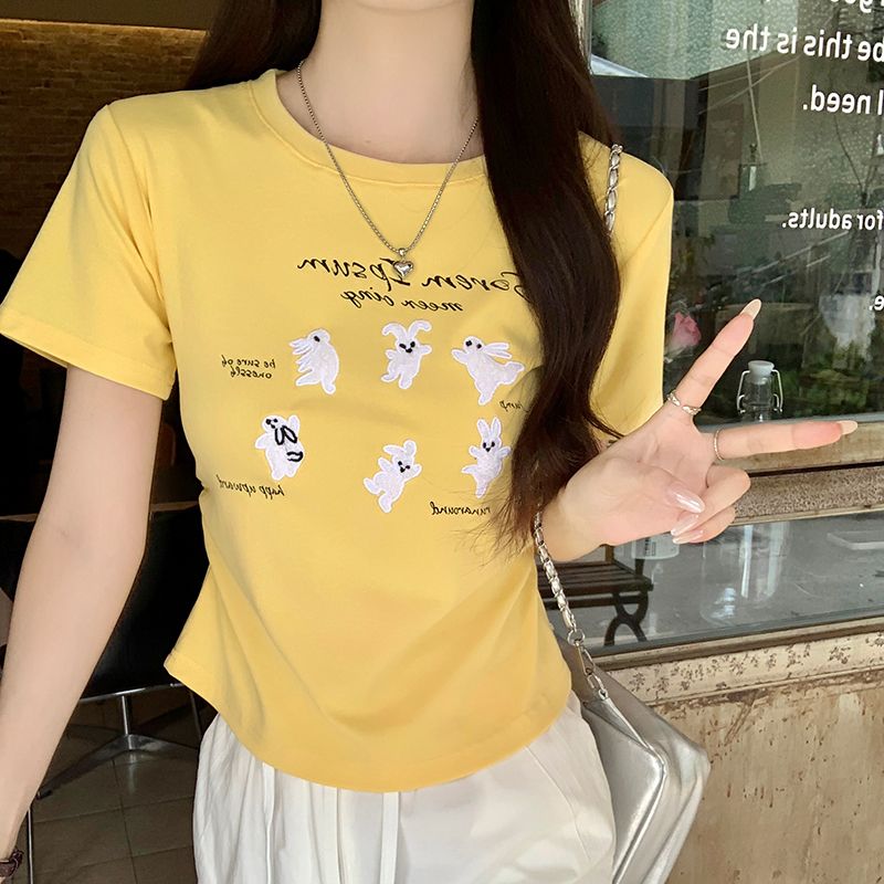 Real shot 1*1 thread 210g short-sleeved T-shirt summer 2025 raglan sleeve embroidered slim short round neck top for women