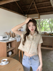 Milk apricot color small fragrance tassel braided short top for women 2025 summer new chic design shoulder shirt