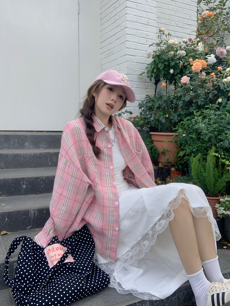 Korean gentle pink plaid long-sleeved shirt for women 2025 spring and summer new style college lazy style shirt jacket