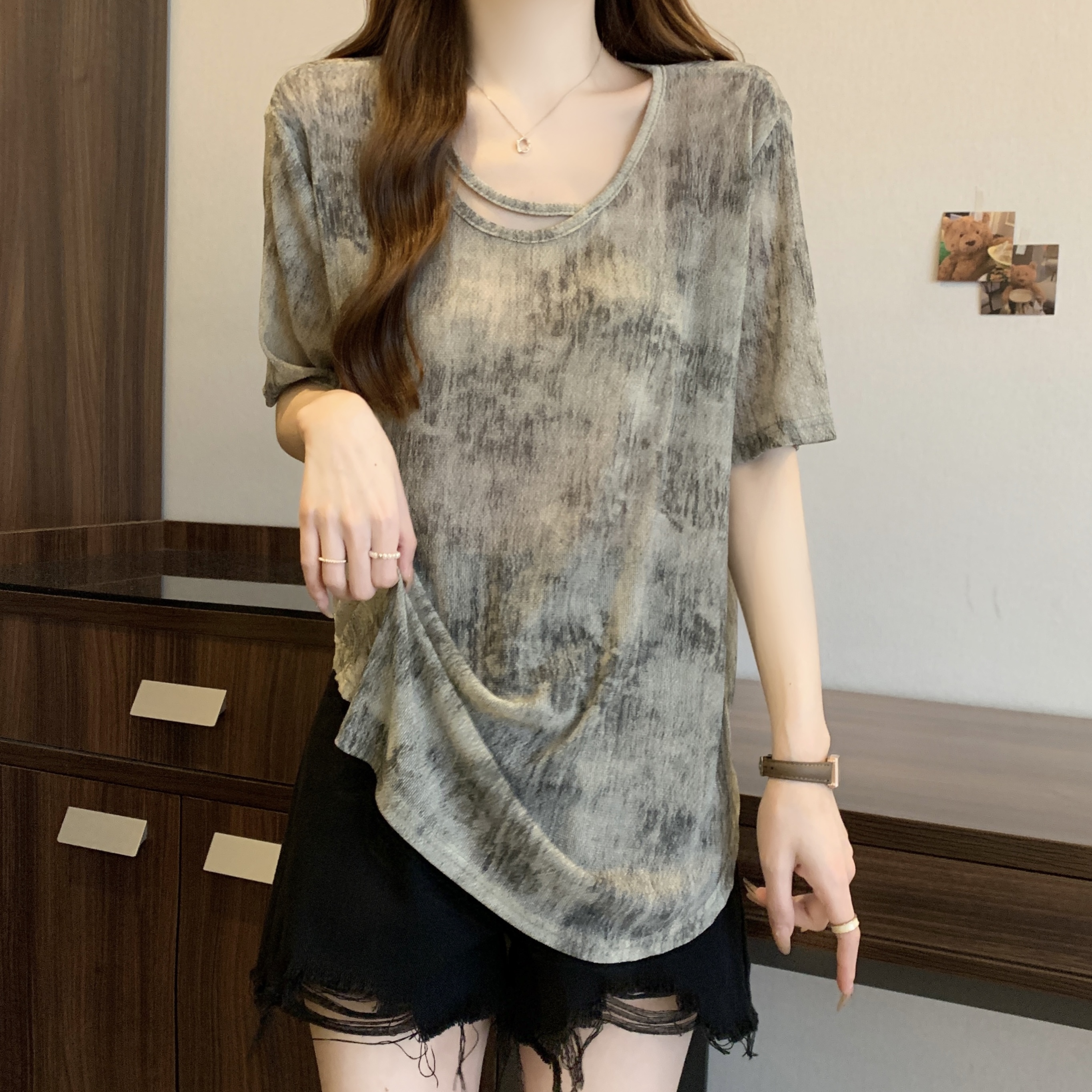 Real shot~ Large size fat MM loose tie-dyed and slightly transparent short-sleeved T-shirt loose-fitting flesh-covering top for women