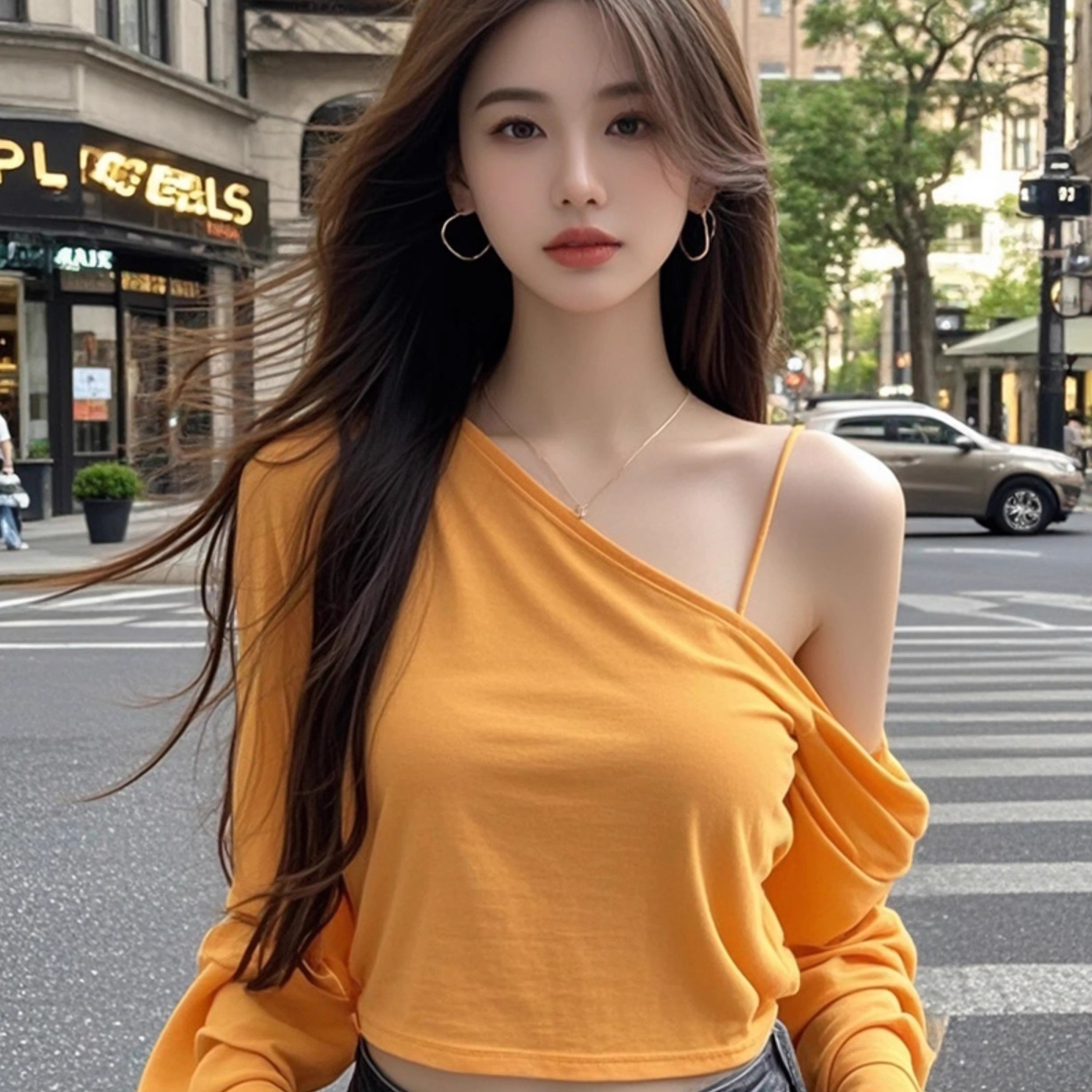 Orange and yellow off-shoulder German velvet long-sleeved base shirt for women's design and sweet hot girl slim and trendy