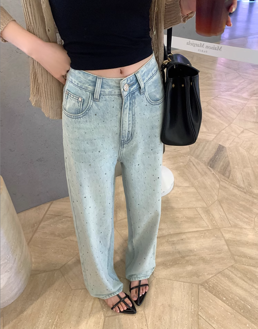 EKOOL Clothing/Rebellious Fanxing/Heavy Industry Hot Diamond Tennis High Waist Jeans for Women in Summer Straight Wide Legs