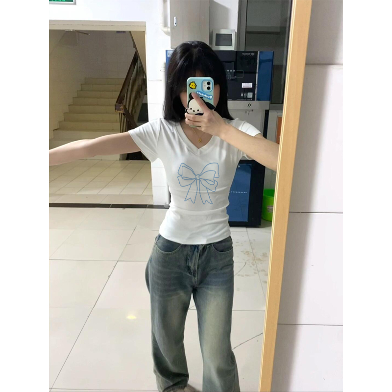 High-quality pure cotton 210g 40 Odale 92 cotton 8 spandex slim V-neck short-sleeved T-shirt for women