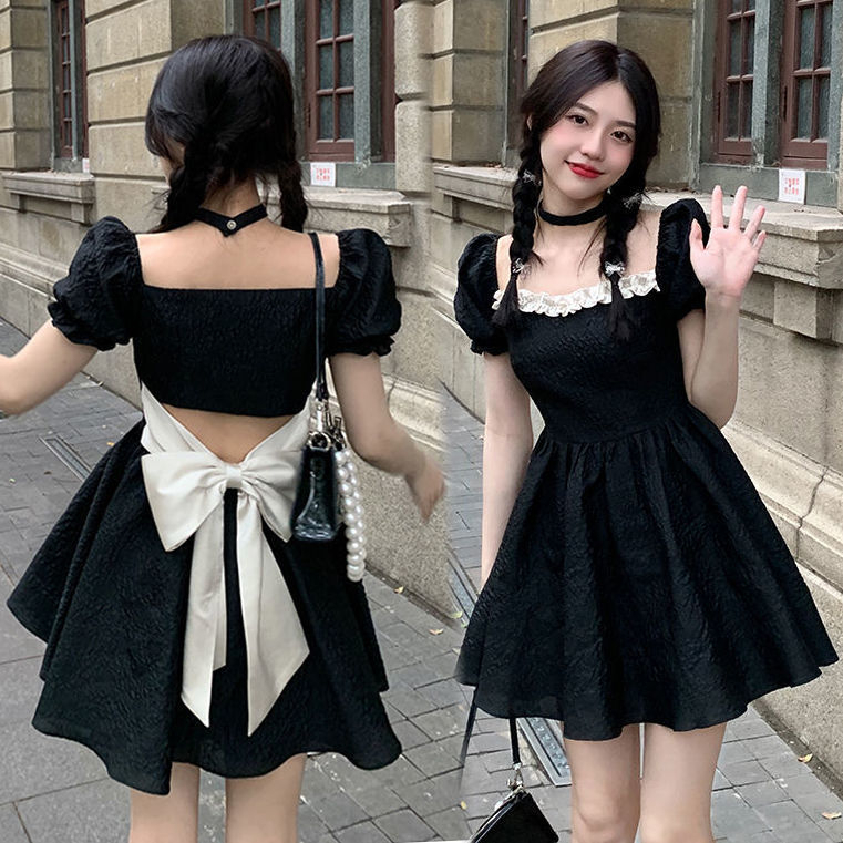 French backless bow skirt with square collar puff sleeve dress with waist-hugging small puff short skirt
