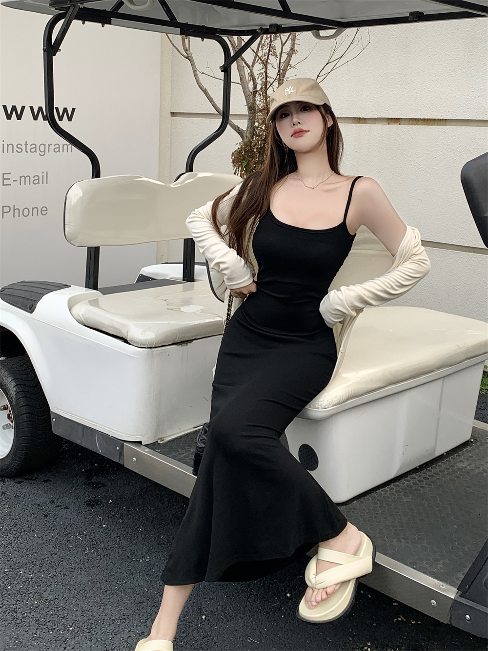 Real photo pure cotton suspender dress for women fishtail skirt long