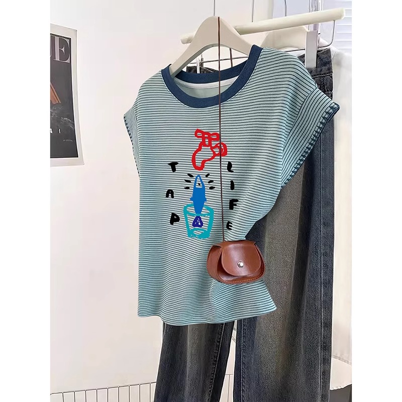 High-quality pure cotton 220g 40 pieces smooth wool 92 cotton 8 spandex printed green striped small flying sleeve T-shirt for women