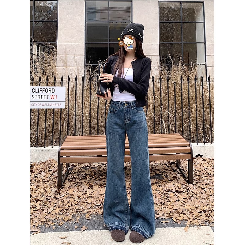 Retro Hong Kong style wide-leg jeans for women in spring and summer new breasted design high waist fat mm hip thigh thick floor pants
