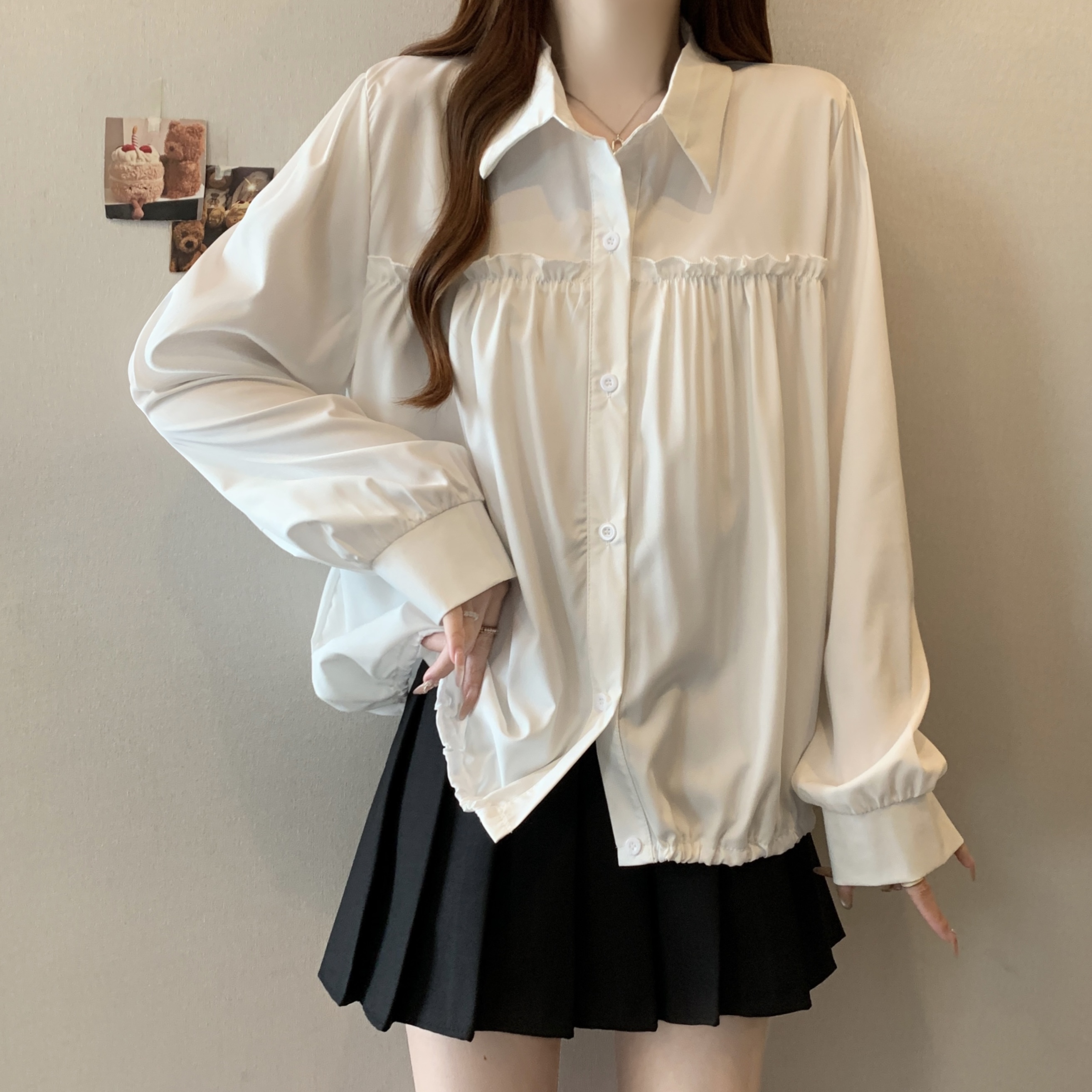 Real shot Large size Korean simple ruffled loose single-breasted shirt top
