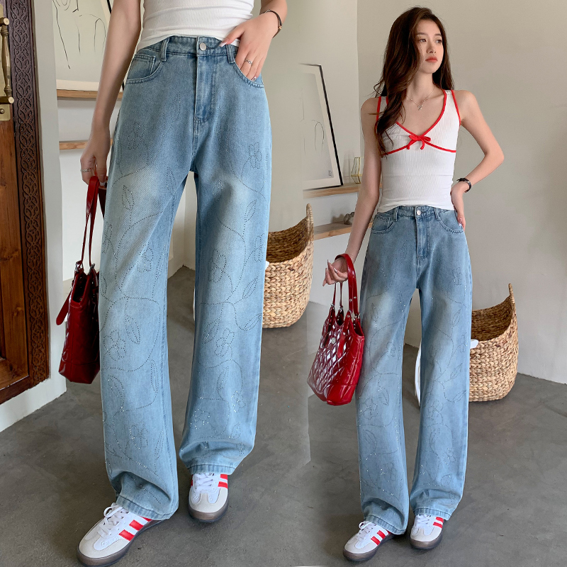 Korean version of heavy industry hot diamond denim straight pants for women in spring washing retro light blue wide-leg pants high waist casual trousers