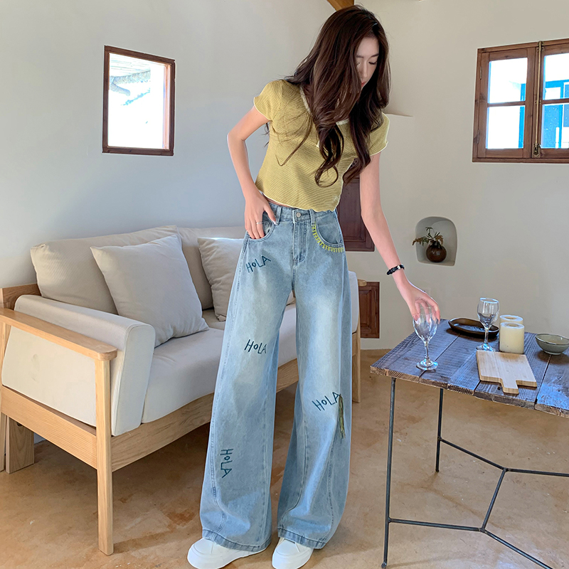 Light-colored jeans for women 2025 spring slim wide-leg pants embroidered letters niche design slim loose floor pants