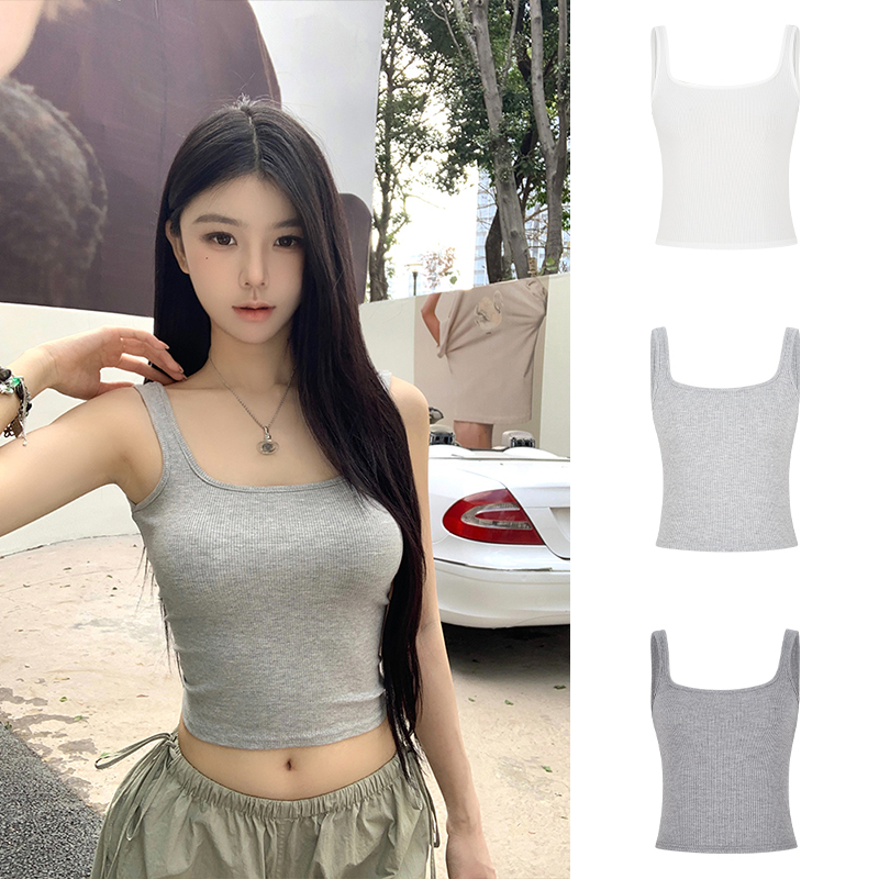 Real shot - Square collar backless thread short design suspender vest women's new versatile sleeveless top