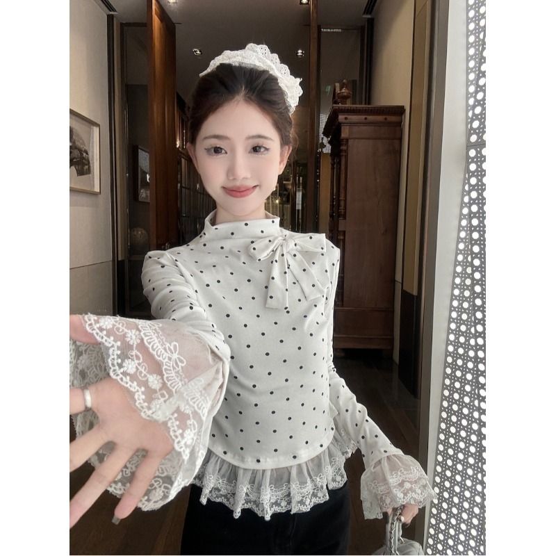 Modal cotton polka dot thigh neck T-shirt for women's spring base shirt lace lace short top