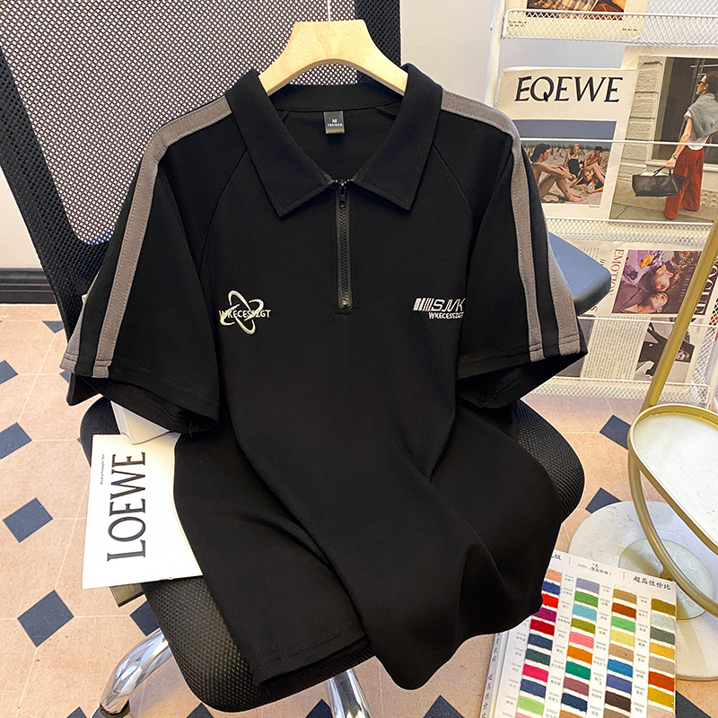 Real shot 1*1 thread 210g short-sleeved T-shirt 2025 summer embroidery loose short front shoulder lapel Korean women's clothing