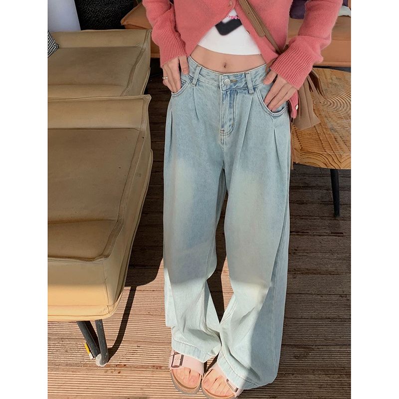 Light color wide-leg jeans for women in spring and autumn 2025 new small pleated loose straight floor pants spring outfit