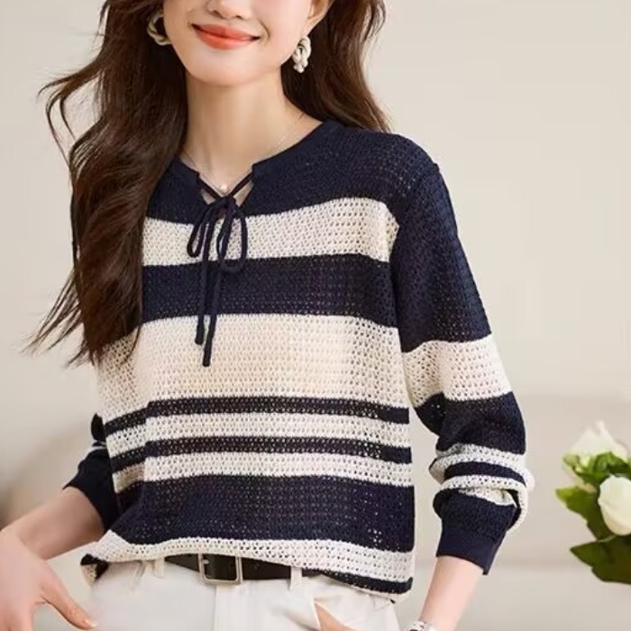 Early spring striped lace-up hollow thin sweater for women 2025 spring new super beautiful loose base shirt top