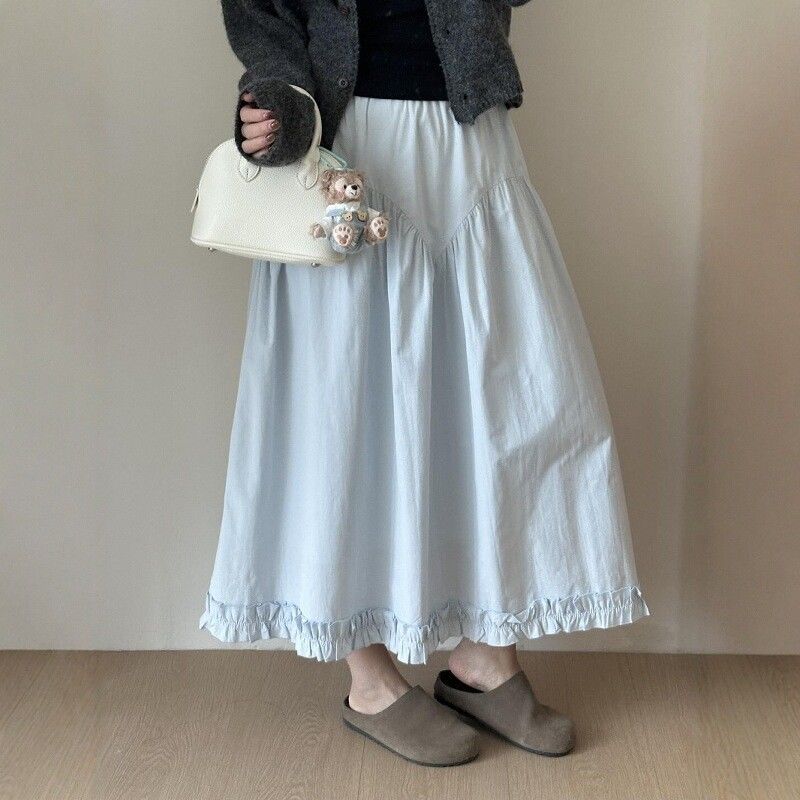 Blue-lined heavy industry splicing skirt for women with pear-shaped body covering hips A-line long skirt to make them look slim and lace skirt