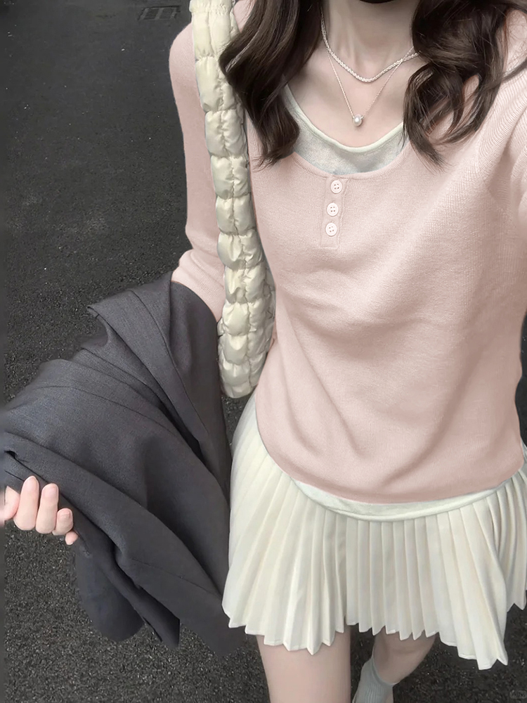 Fake two-piece long-sleeved knitted base shirt for women 2025 early spring new chic frigid unique inner top