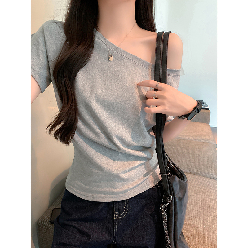 Real shot-one-shoulder pure shoulder-length short-sleeved T-shirt with off-shoulder loose lazy style top