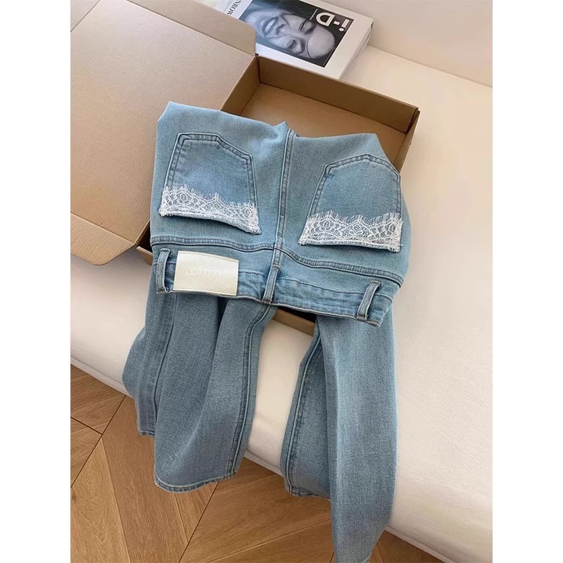 Light blue lace spliced ​​jeans for women in spring new large size fat mm slimming straight wide-leg pants KX