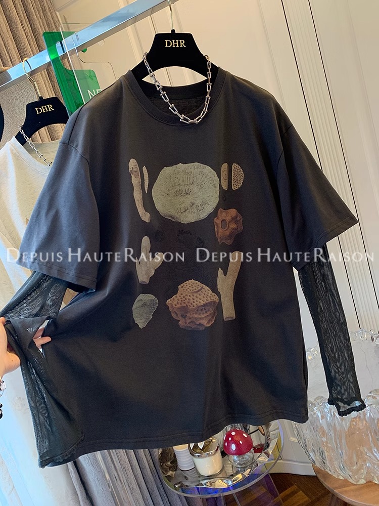 2025 summer print + 21 super cool cotton 210 grams extra large size 240 catties mesh fake two-piece short-sleeved T-shirt