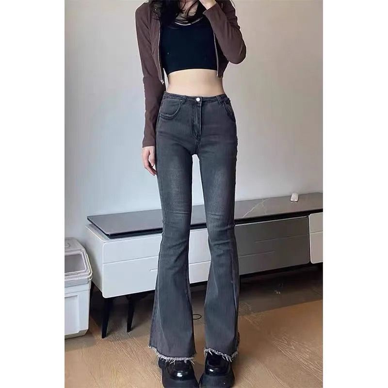 Smoke grey tight jeans for women, stretch-slimming American breasted legs