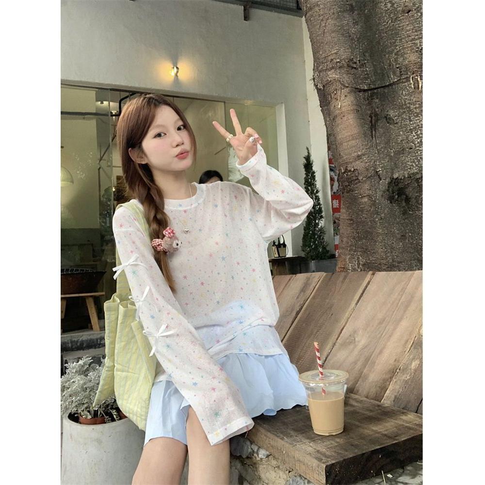 Bamboo thread 2025 spring thin model slightly transparent design star print long-sleeved niche pullover sunscreen T-shirt